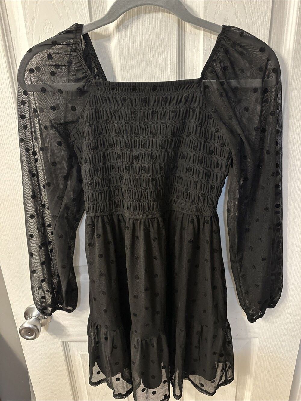 Art Class Girls Black Polka Dot Smocked Mesh Dress Long Sleeve Tiered L